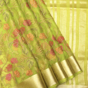 Banarasi Kora/Organza Saree Flower Jaal Design Embroidery Work – Green Color