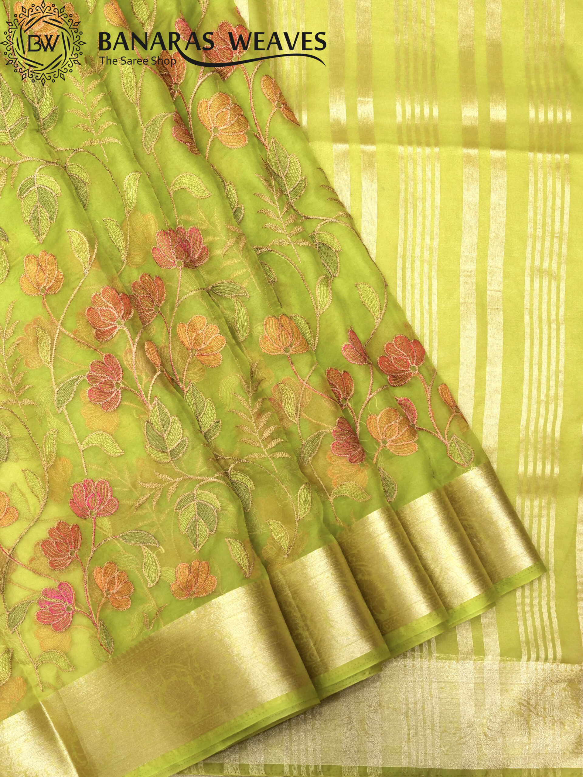 Banarasi Kora/Organza Saree Flower Jaal Design Embroidery Work - Green Color