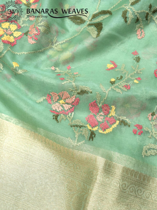 Banarasi Kora/Organza Saree Jaal Design Embroidery Work - Seagreen Color