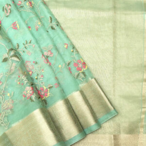 Banarasi Kora/Organza Saree Jaal Design Embroidery Work – Seagreen Color