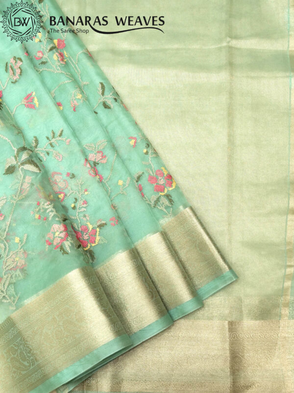 Banarasi Kora/Organza Saree Jaal Design Embroidery Work - Seagreen Color