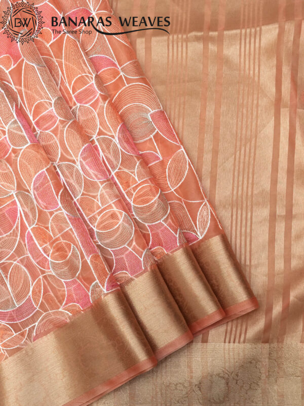 Banarasi Kora/Organza Saree Geometrical Design Embroidery Work - Peach Color