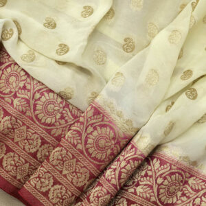 Banarasi Khaddi Georgette Saree Gold Zari Booti Design 3D Contrast – Off White And Maroon Color