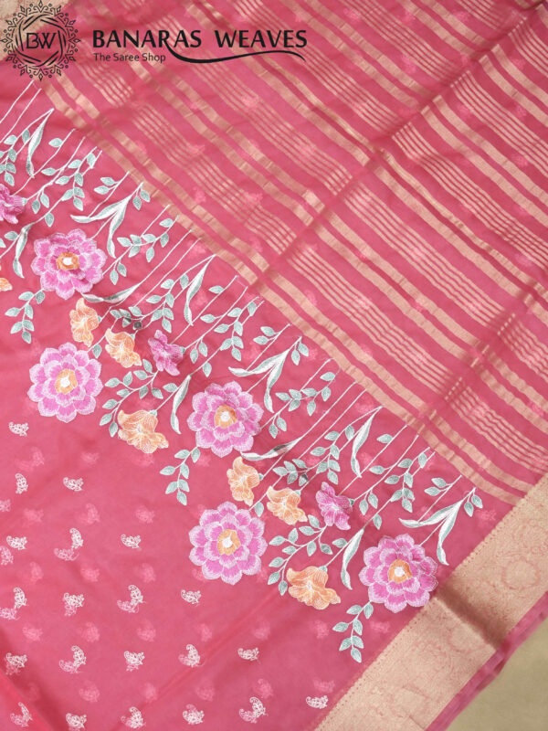 Banarasi Kora/Organza Saree Leaf Design Embroidery Work Light - Pink Color