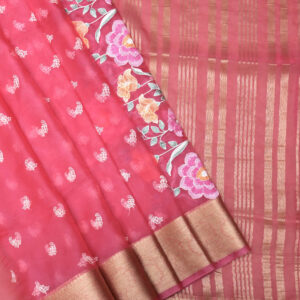 Banarasi Kora/Organza Saree Leaf Design Embroidery Work Light – Pink Color