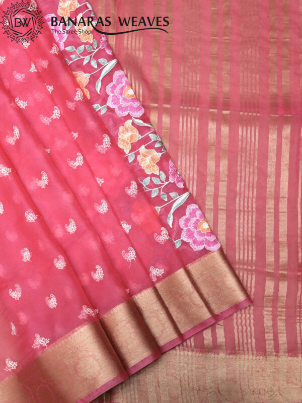 Banarasi Kora/Organza Saree Leaf Design Embroidery Work Light - Pink Color
