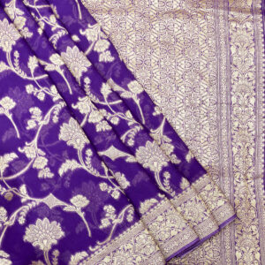 Banarasi Khaddi Georgette Saree Gold Zari Fine Jaal Design – Violet Color