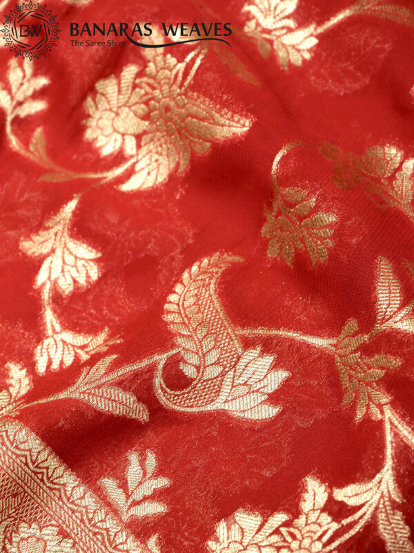 Banarasi Khaddi Georgette Saree Gold Zari Jaal Design - Red Color