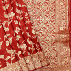 Banarasi Khaddi Georgette Saree Gold Zari Jaal Design – Red Color