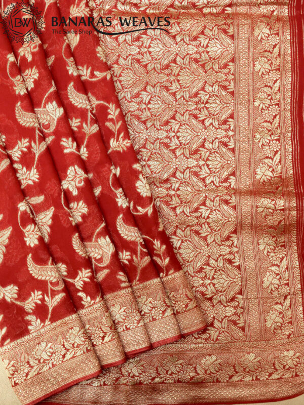 Banarasi Khaddi Georgette Saree Gold Zari Jaal Design - Red Color