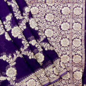 Banarasi Khaddi Georgette Saree Gold Zari Jaal Design – Violet Color