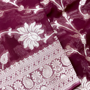 Banarasi Khaddi Georgette Saree Silver Zari Jaal Design – Wine Color