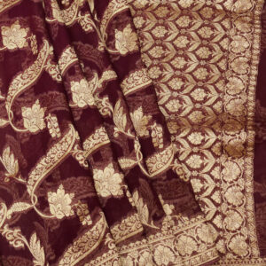 Banarasi Khaddi Georgette Saree Gold Zari Jaal Design – Wine Color