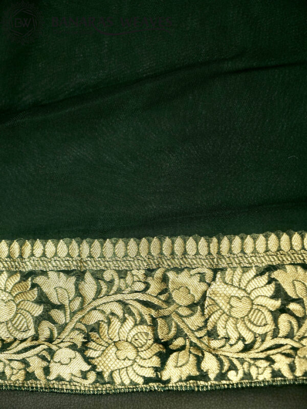 Banarasi Khaddi Georgette Saree Gold Zari Jaal Design Silver Meenakari - Dark Green Color