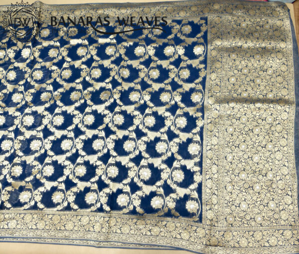 Banarasi Khaddi Georgette Saree Gold Zari Jaal Design Silver Meenakari - Blue Color