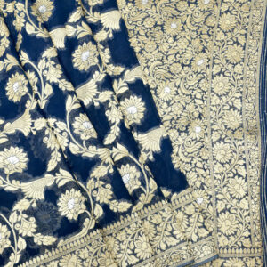 Banarasi Khaddi Georgette Saree Gold Zari Jaal Design Silver Meenakari – Blue Color