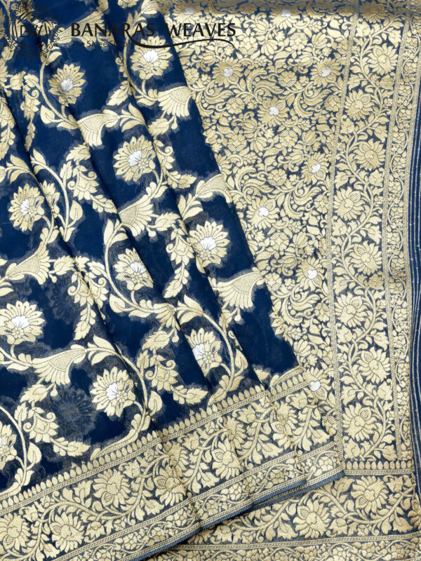 Banarasi Khaddi Georgette Saree Gold Zari Jaal Design Silver Meenakari - Blue Color