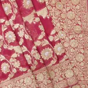 Banarasi Khaddi Georgette Saree Gold Zari Jaal Design Silver Meenakari – Pink Color