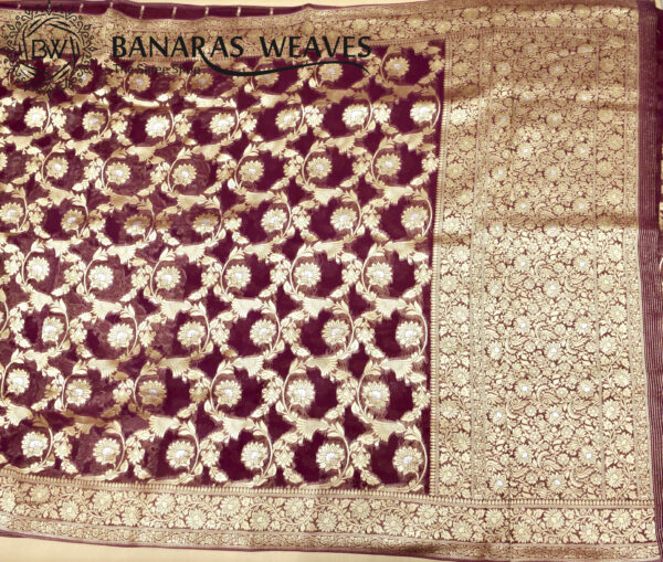 Banarasi Khaddi Georgette Saree Gold Zari Jaal Design Silver Meenakari - Wine Color