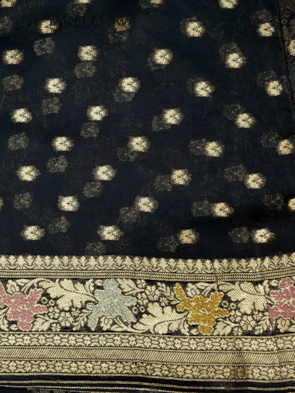 Banarasi Khaddi Georgette Saree Gold Zari Jaal Design Brush Dyed - Black Color