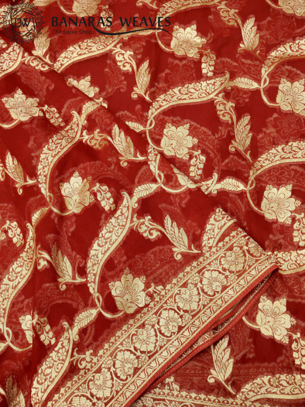 Banarasi Khaddi Georgette Saree Gold Zari Jaal Design - Natural Red Color