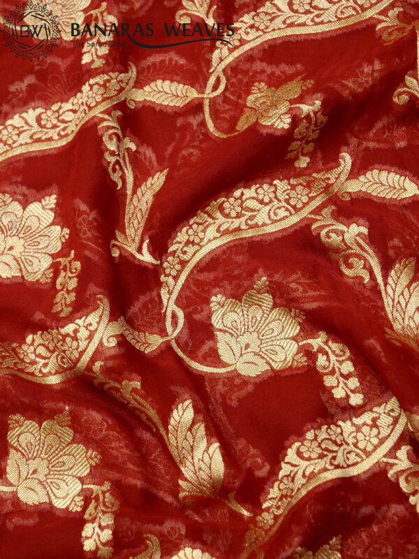 Banarasi Khaddi Georgette Saree Gold Zari Jaal Design - Natural Red Color