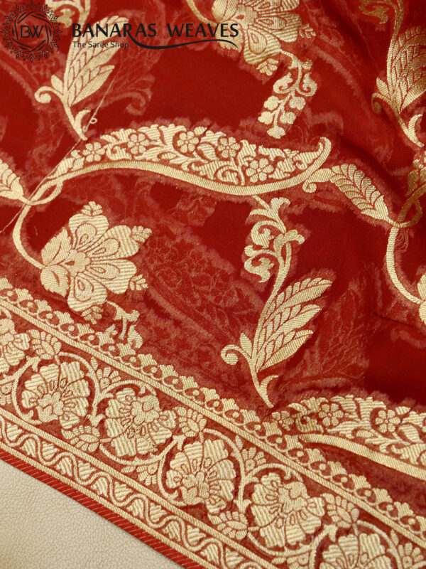 Banarasi Khaddi Georgette Saree Gold Zari Jaal Design - Natural Red Color