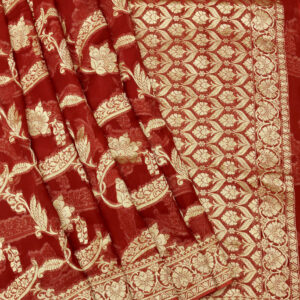 Banarasi Khaddi Georgette Saree Gold Zari Jaal Design – Natural Red Color