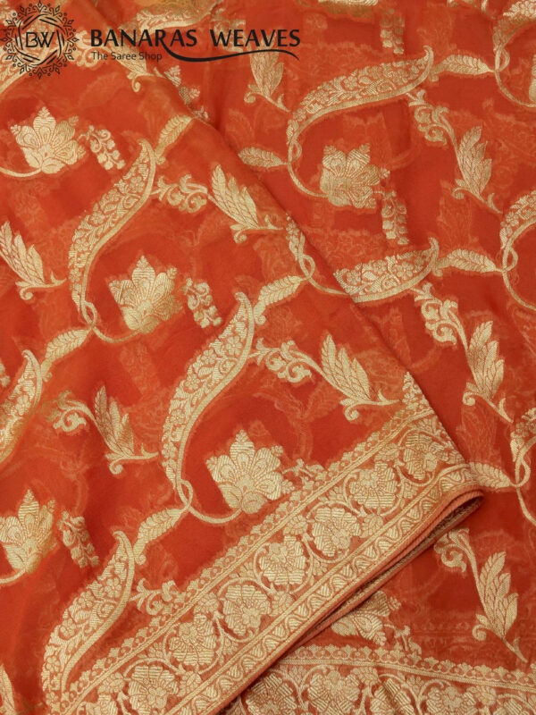 Banarasi Khaddi Georgette Saree Gold Zari Jaal Design - Orangy Peach Color