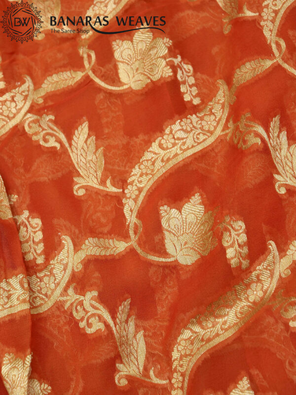 Banarasi Khaddi Georgette Saree Gold Zari Jaal Design - Orangy Peach Color