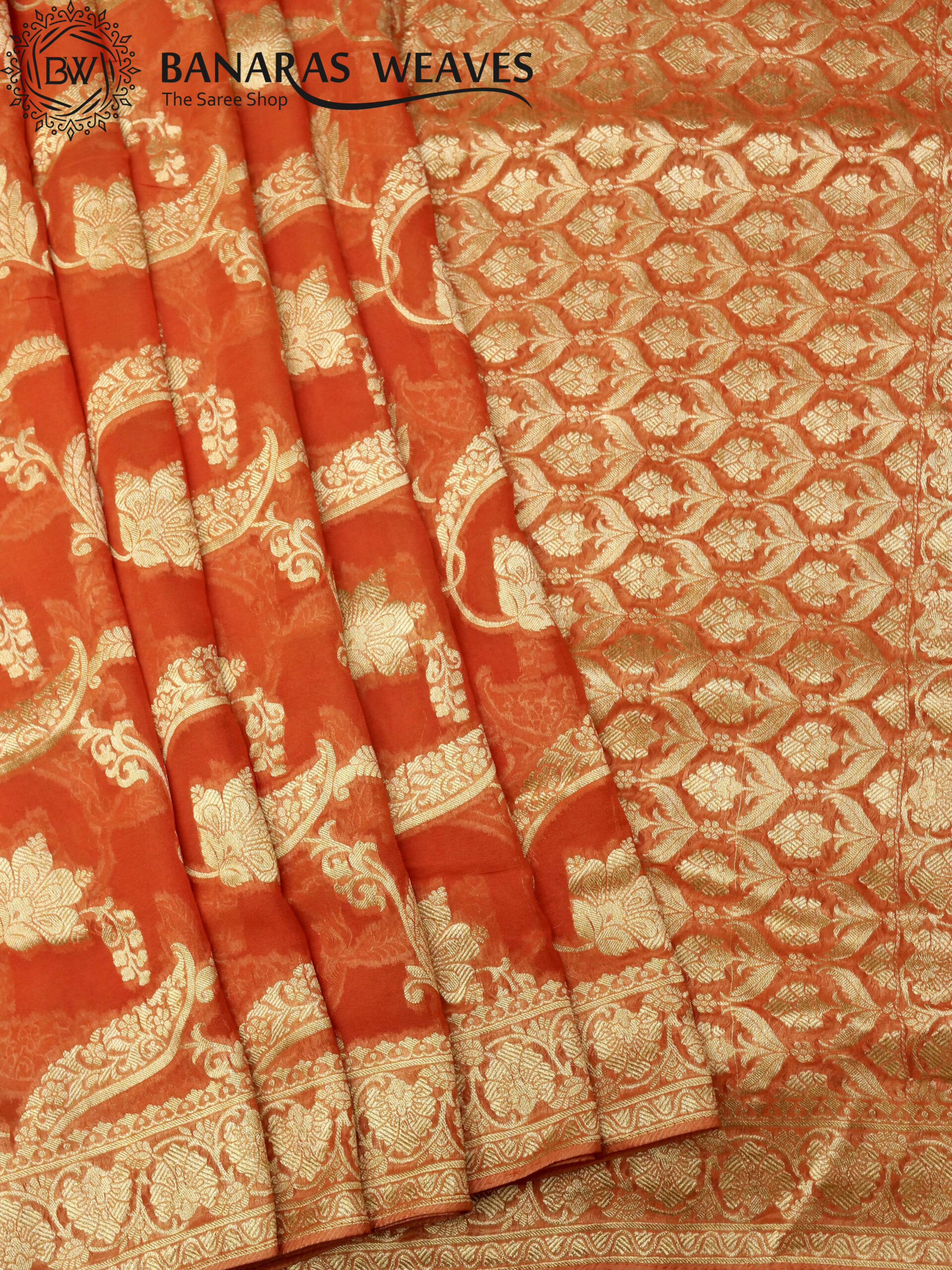 Banarasi Khaddi Georgette Saree Gold Zari Jaal Design - Orangy Peach Color