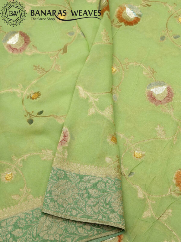 Banarasi Khaddi Georgette Saree Gold Zari Jaal Design 2D Contrast - Light And Dark Green Color