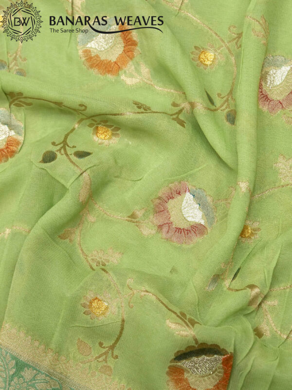 Banarasi Khaddi Georgette Saree Gold Zari Jaal Design 2D Contrast - Light And Dark Green Color