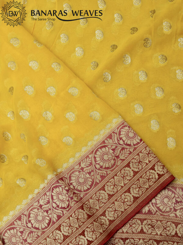 Banarasi Khaddi Georgette Saree Gold Zari Jaal Design 3D Contrast - Yellow And Red Color