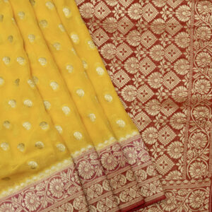 Banarasi Khaddi Georgette Saree Gold Zari Jaal Design 3D Contrast – Yellow And Red Color