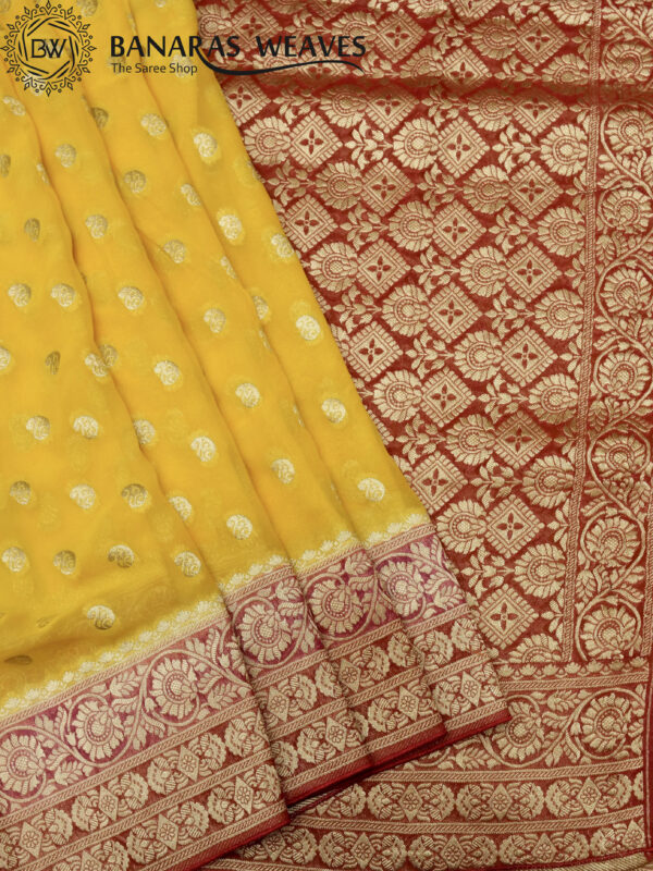 Banarasi Khaddi Georgette Saree Gold Zari Jaal Design 3D Contrast - Yellow And Red Color