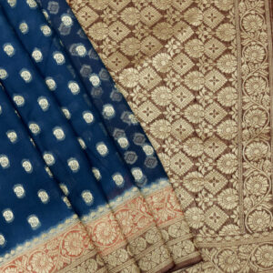 Banarasi Khaddi Georgette Saree Gold Zari Jaal Design 3D Contrast – Blue And Brown Color