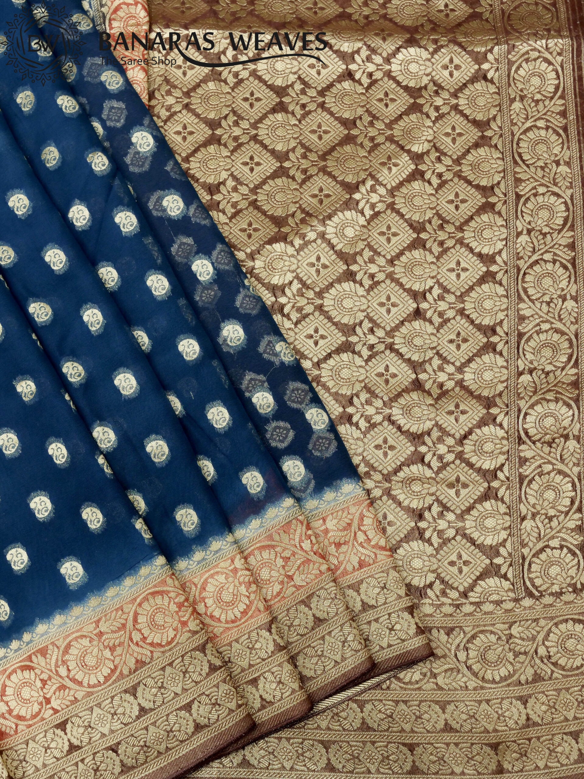 Banarasi Khaddi Georgette Saree Gold Zari Jaal Design 3D Contrast - Blue And Brown Color