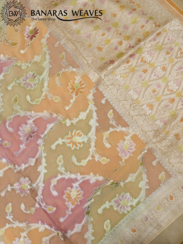 Banarasi Khaddi Georgette Saree Gold Zari Jaal Design Multicolor - Peach Color