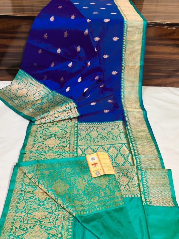 Pure Banarasi Kadhwa Katan Silk Saree Handloom Fancy Border Gold Zari Booti Design – Blue And Seagreen Color