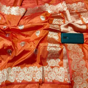 Pure Banarasi Kadhwa Katan Silk Saree Handloom Fancy Border Gold Zari Meenakari Boota Design – Orange Color