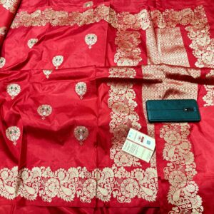 Pure Banarasi Kadhwa Katan Silk Saree Handloom Fancy Border Gold Zari Meenakari Boota Design – Red Color