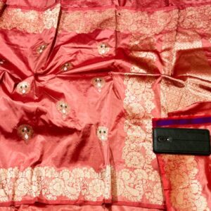 Pure Banarasi Kadhwa Katan Silk Saree Handloom Fancy Border Gold Zari Meenakari Booti Design – Peach Color