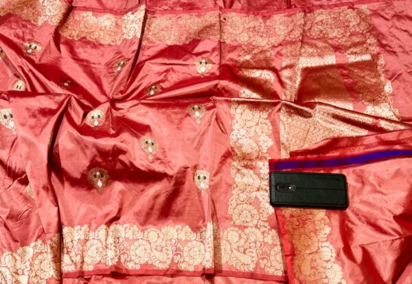 Pure Banarasi Kadhwa Katan Silk Saree Handloom Fancy Border Gold Zari Meenakari Booti Design – Peach Color