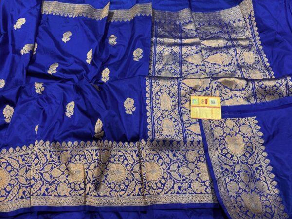 Pure Banarasi Kadhwa Katan Silk Saree Handloom Gold Zari Boota Design – Blue Color