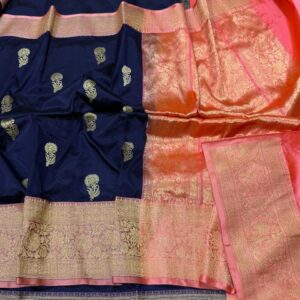 Pure Banarasi Kadhwa Katan Silk Saree Handloom Gold Zari Boota Design – Blue and Peach Color Contrast