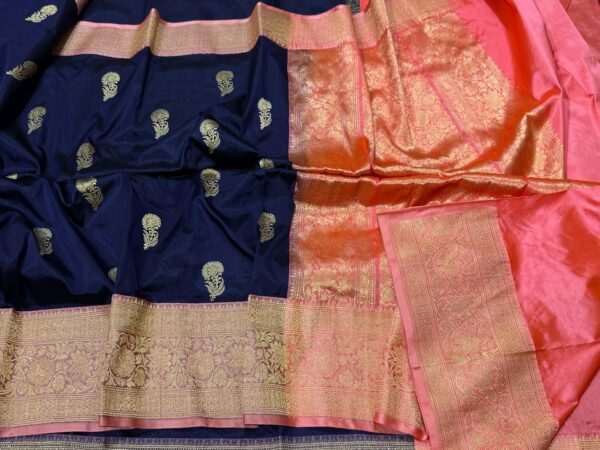 Pure Banarasi Kadhwa Katan Silk Saree Handloom Gold Zari Boota Design – Blue And Peach Color Contrast