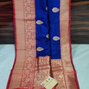 Pure Banarasi Kadhwa Katan Silk Saree Handloom Gold Zari Boota Design – Blue and Red Color Contrast