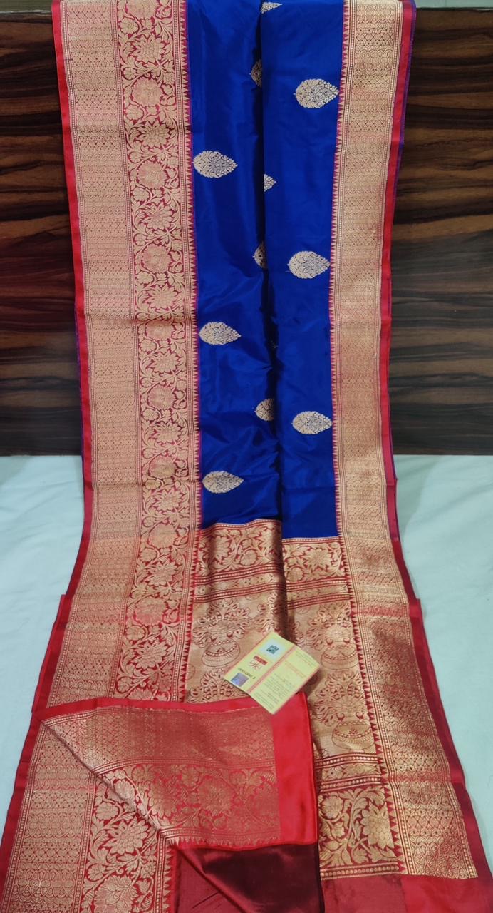 Pure Banarasi Kadhwa Katan Silk Saree Handloom Gold Zari Boota Design – Blue And Red Color Contrast