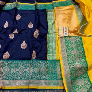 Pure Banarasi Kadhwa Katan Silk Saree Handloom Gold Zari Boota Design – Blue and Seagreen Color Contrast TriColor